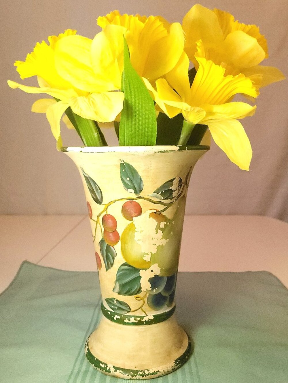 Circa 1990s Italian Style Hand Painted Tuscan Fruit Ceramic Vase Yellow Flowers